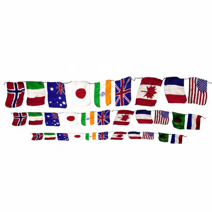 Production string of flags - 11 flags on white background
