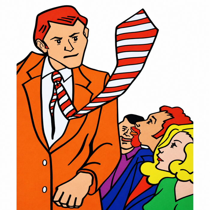 Pop Up Tie illustration with a red-and-white striped tie and spectators.