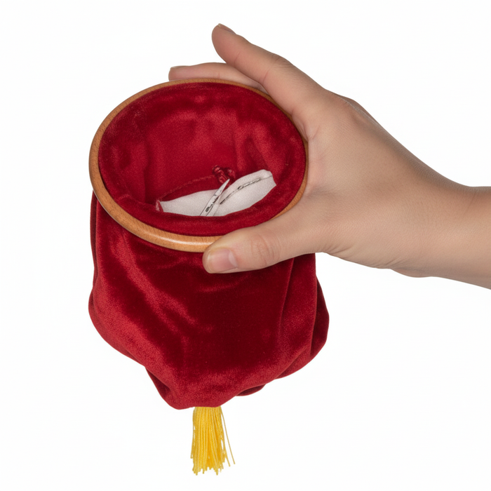 Hand holding pocket-size change bag magic prop