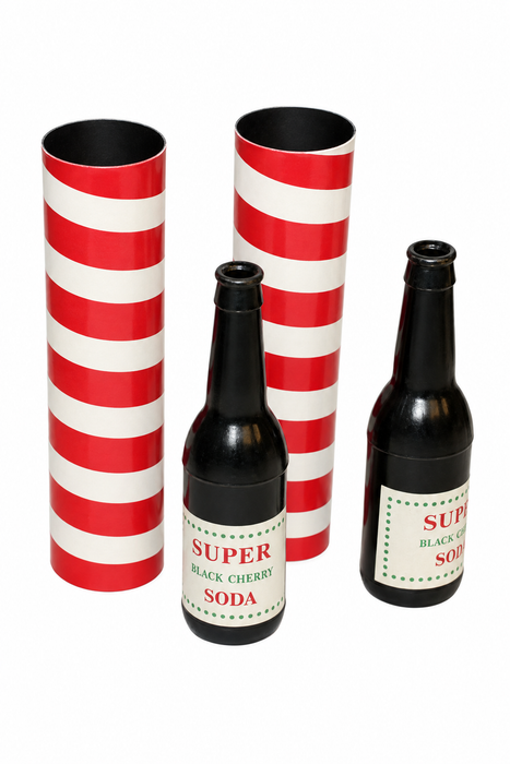 Tricky Turvy Bottles with striped tubes and black cherry soda bottles