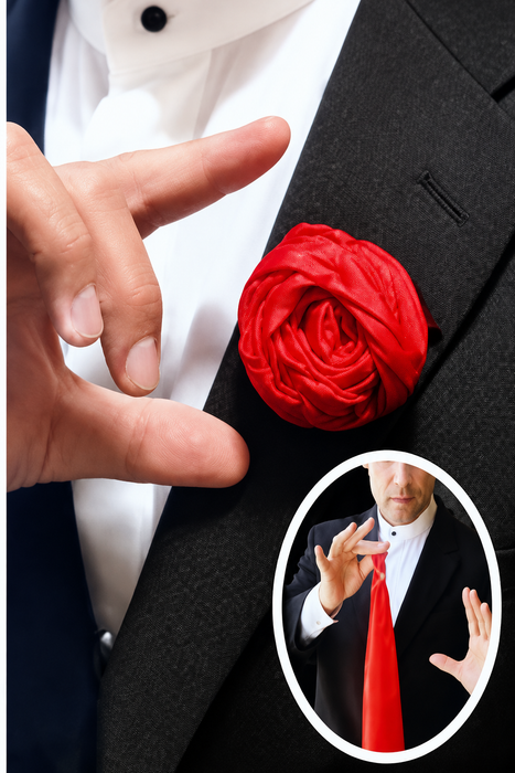 Rose To Silk magic effect with red silk rose on a jacket and demonstration inset