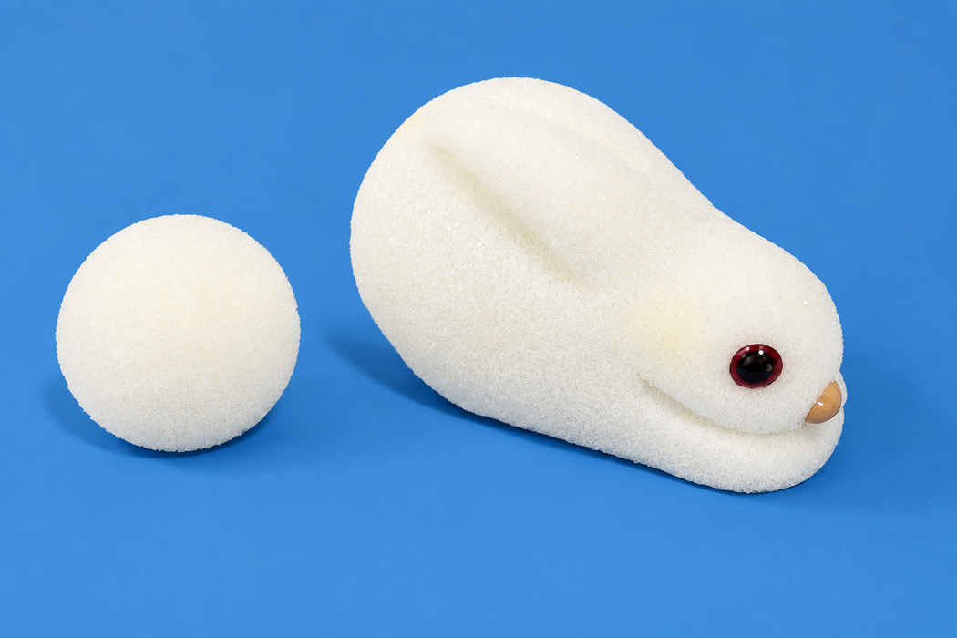 White sponge ball and bunny on blue background